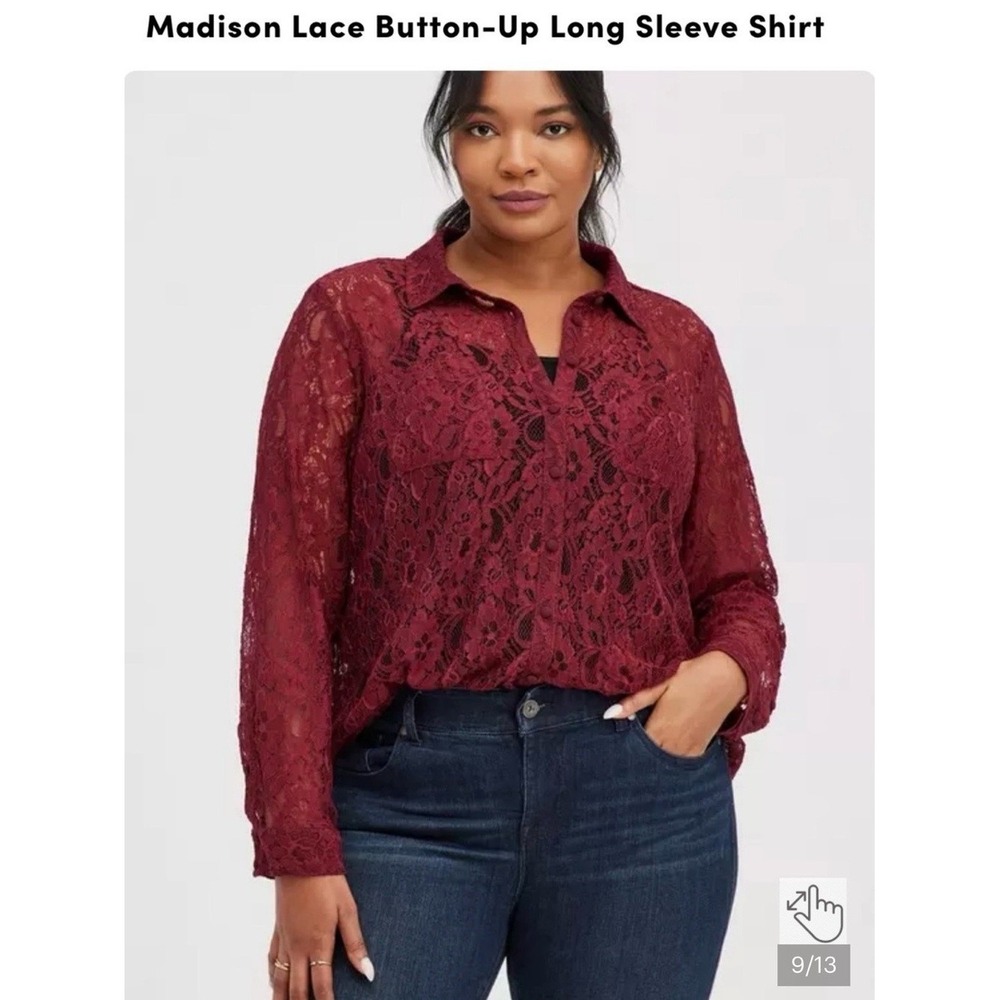 NEW Torrid Size 2 2X Madison Zinfandel Burgundy Lace Button Down Shirt Plus